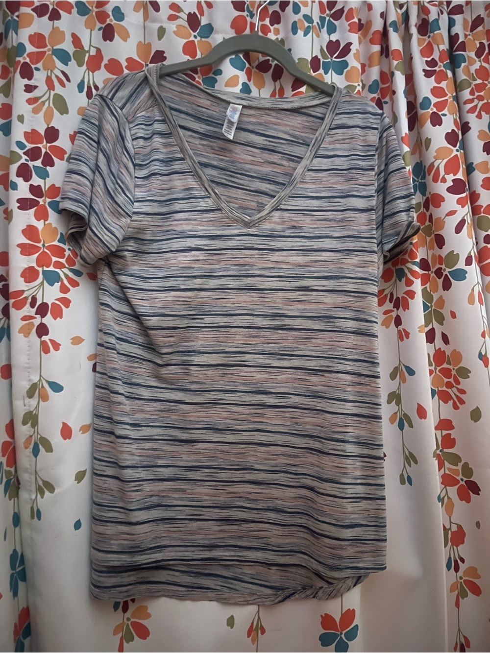 LuLaRoe Striped V-Neck Tunic in Blue, Gray & Cream